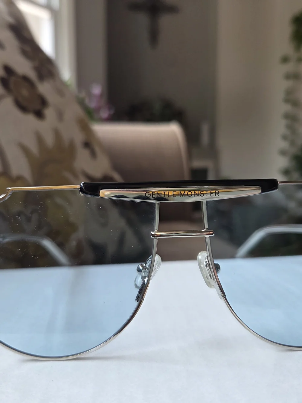 GENTLE MONSTER Silver Metal Aviator Sunglasses with Light Blue Lenses
